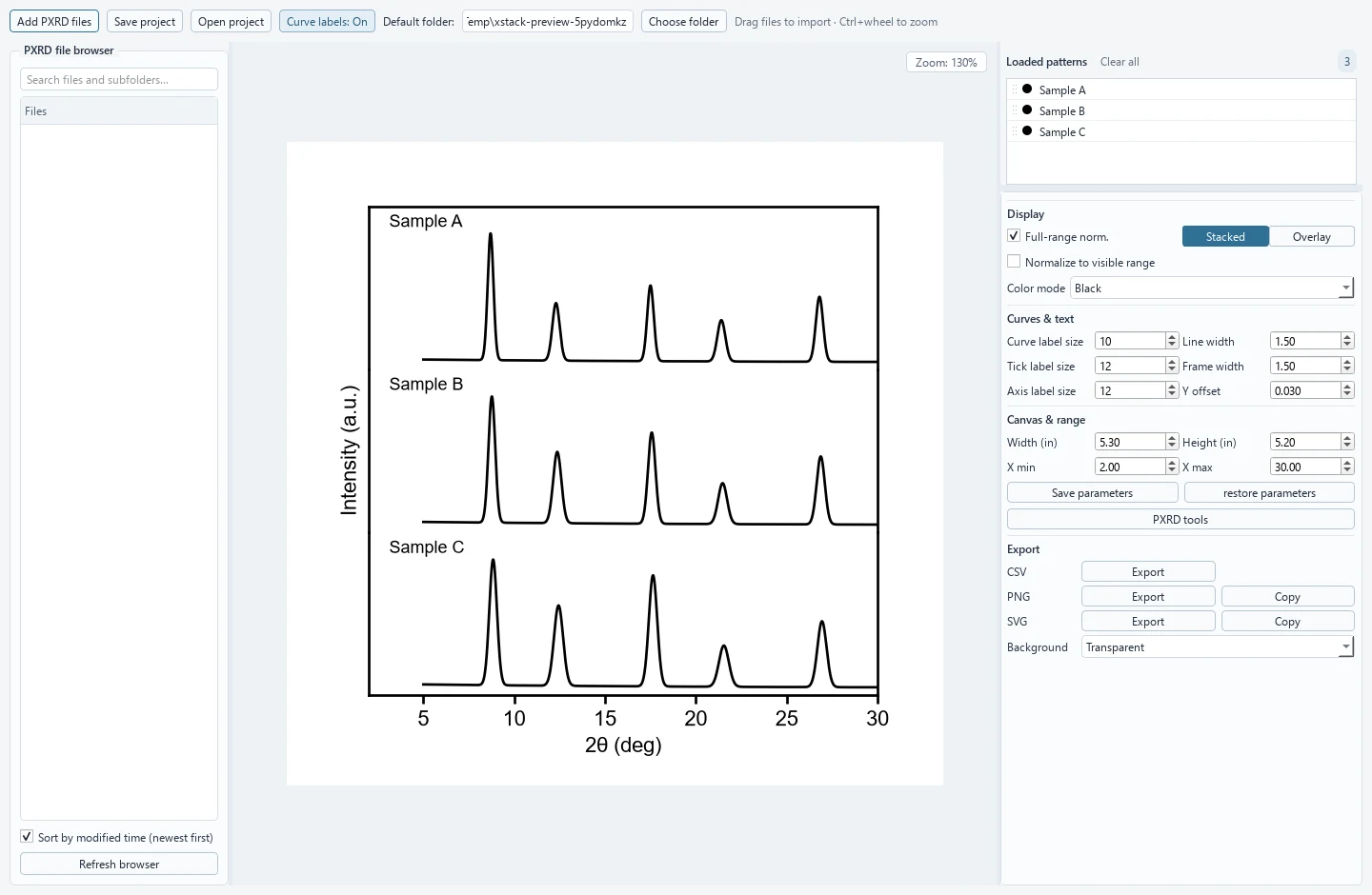 xStack main window with three stacked PXRD patterns, file browser and display settings